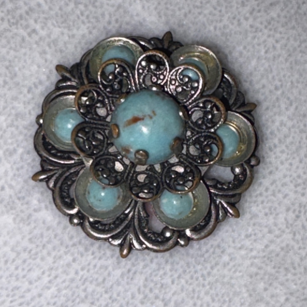 Vintage Silver Filigree Faux Turquoise Floral Brooch 1950s